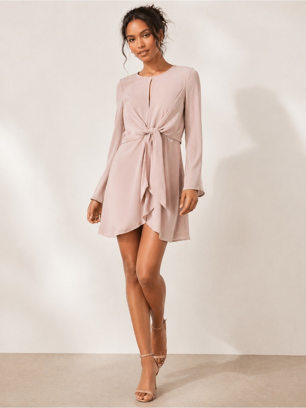 NWT By Together | Blush Tie Front Mini Dress Long Sleeve Keyhole Wedding Guest